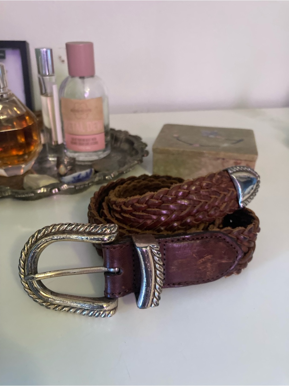 Braided Brown Leather Women’s Belt with Silver-Tone Buckle
